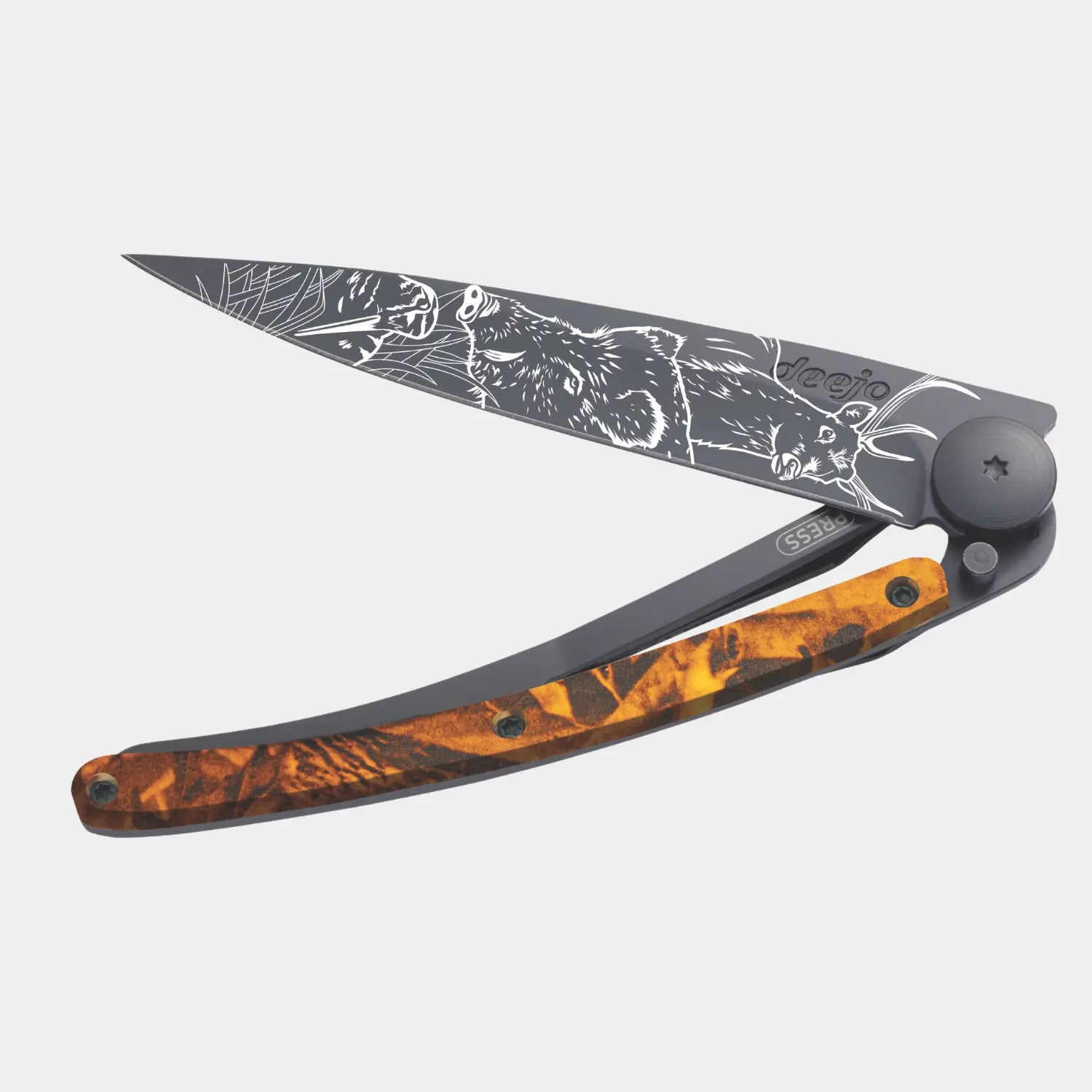 COUTEAU "SCÈNE DE CHASSE" - BLACK & CAMO ORANGE DEEJO -  Klubb