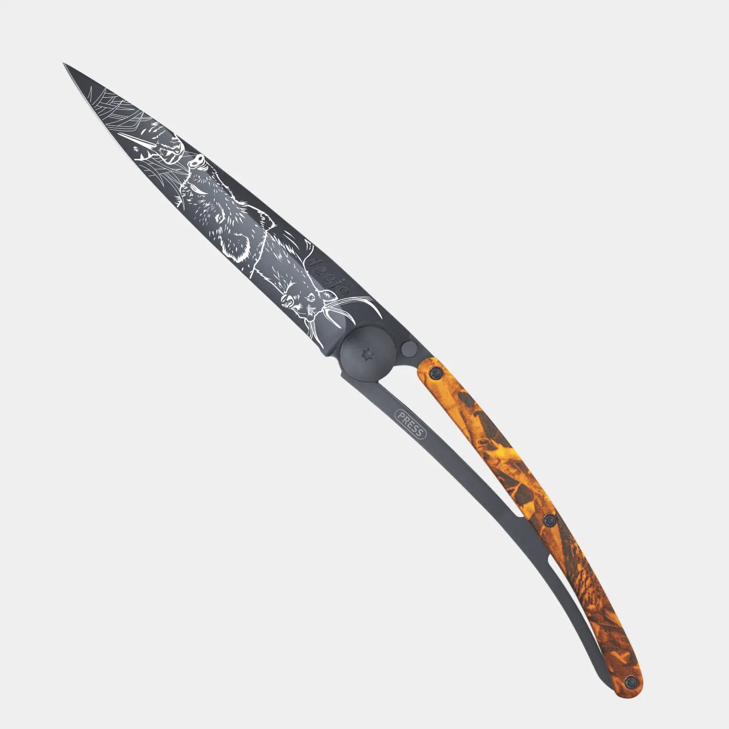 COUTEAU "SCÈNE DE CHASSE" - BLACK & CAMO ORANGE DEEJO -  Klubb